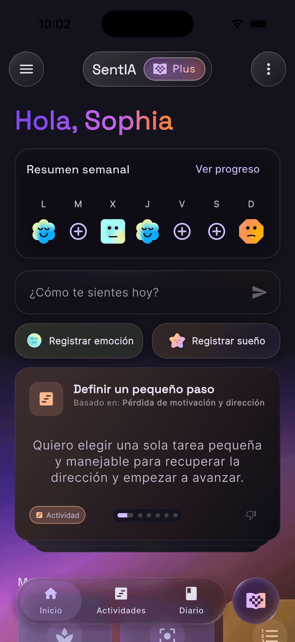 Pantalla principal de SentIA, con el resumen semanal y el chat