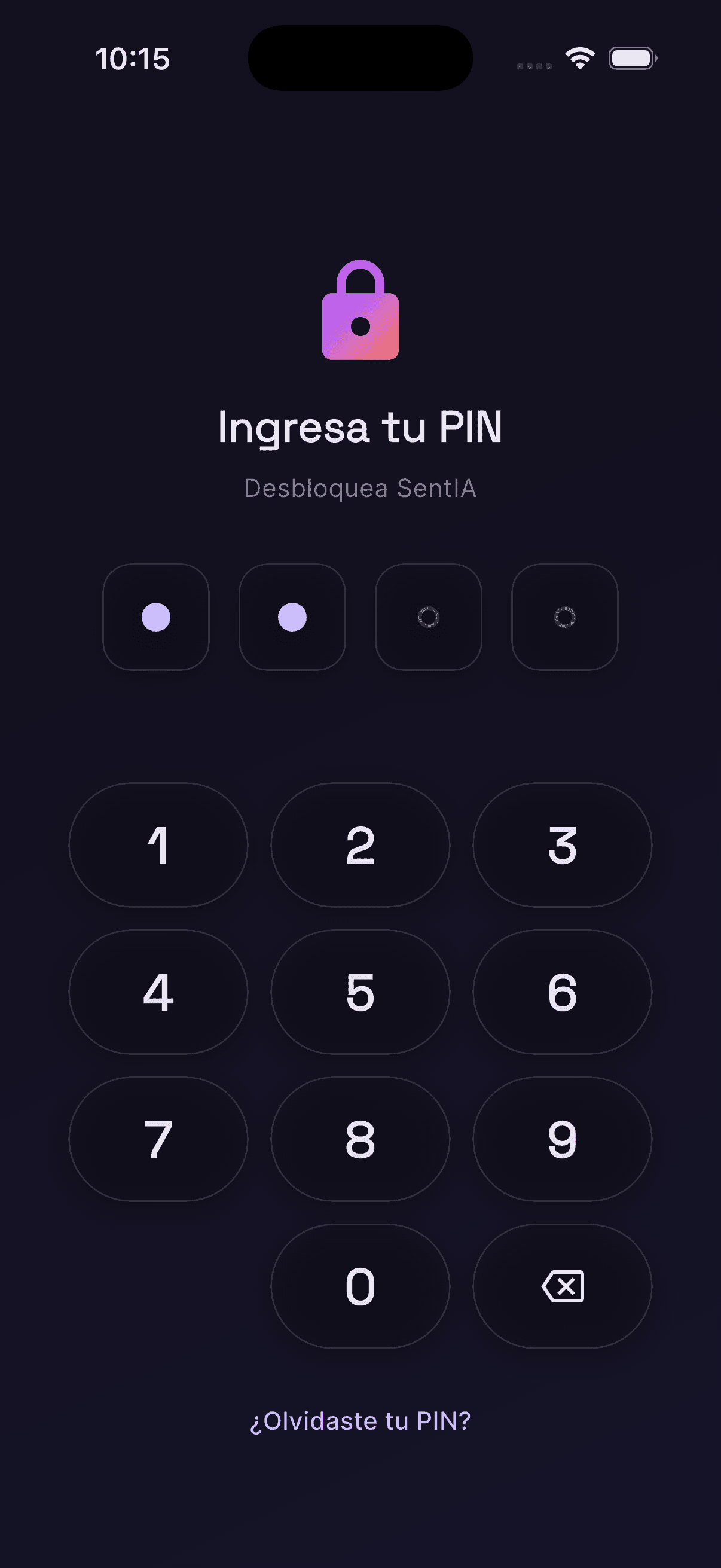 Pantalla de PIN de SentIA